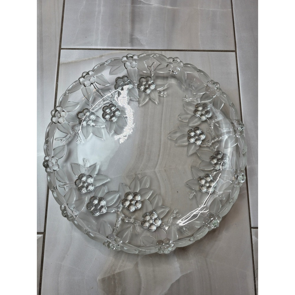 Vintage Frosted Clear Glass Floral Embossed Round Platter Serving Plate 12.5" E1